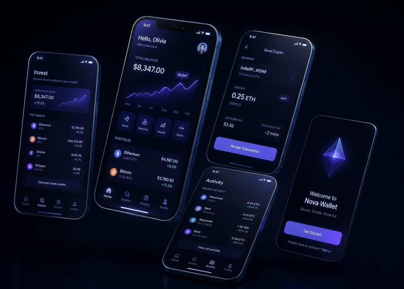 Dark mobile app screens floating in perspective