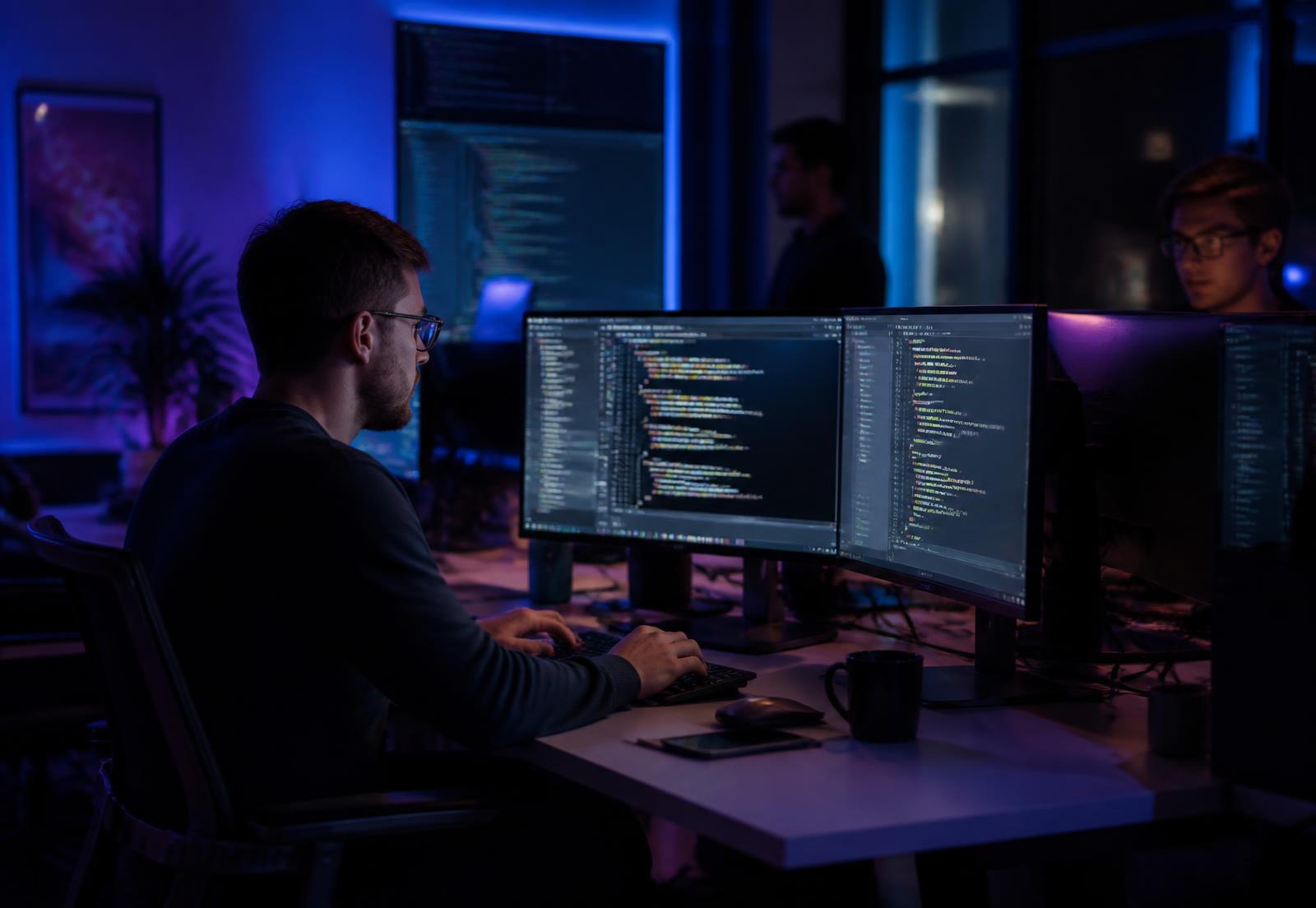 Aura Pk engineers working at monitors in an indigo-lit studio